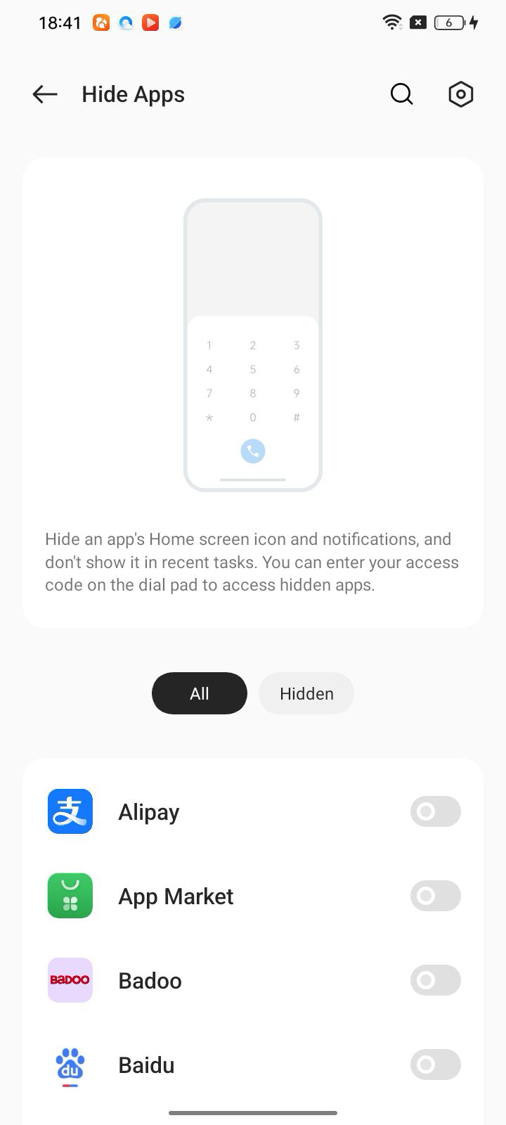Toggling apps to hide in OPPO