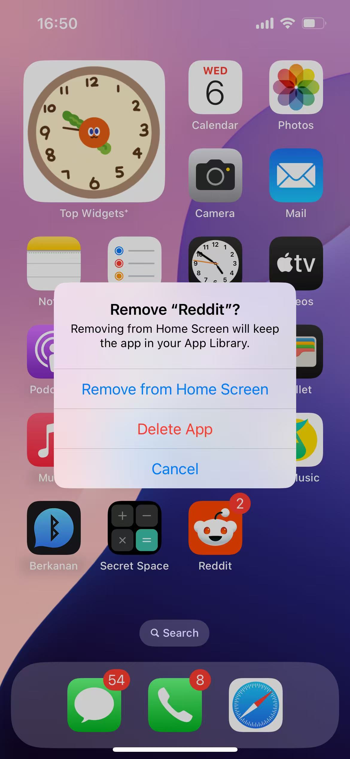 Remove from home screen option