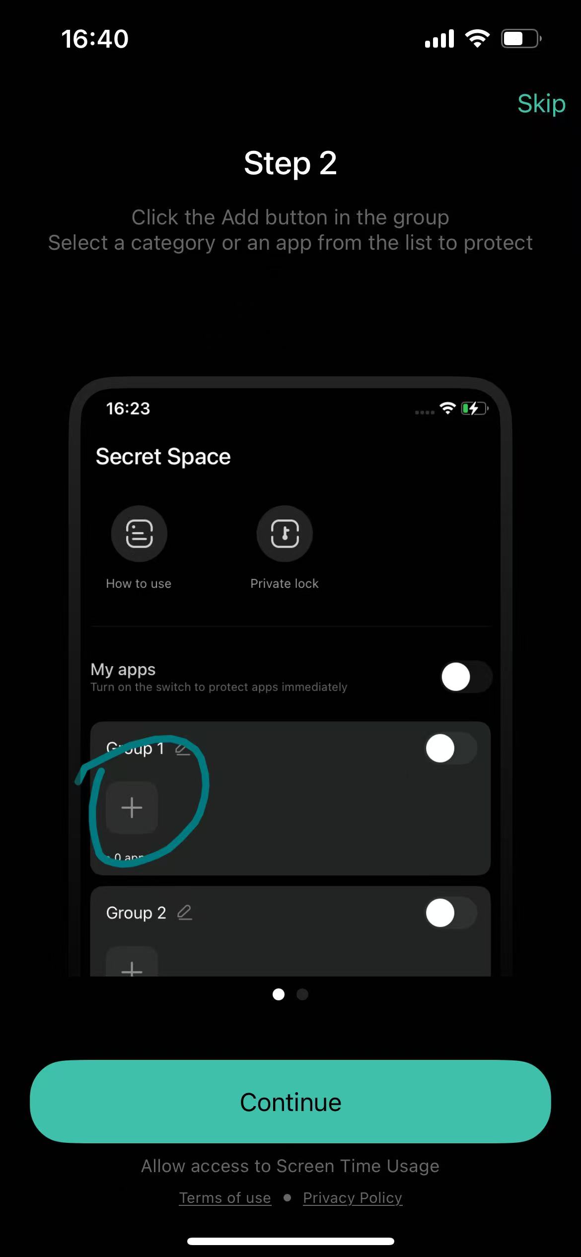 Hide mode page with add button