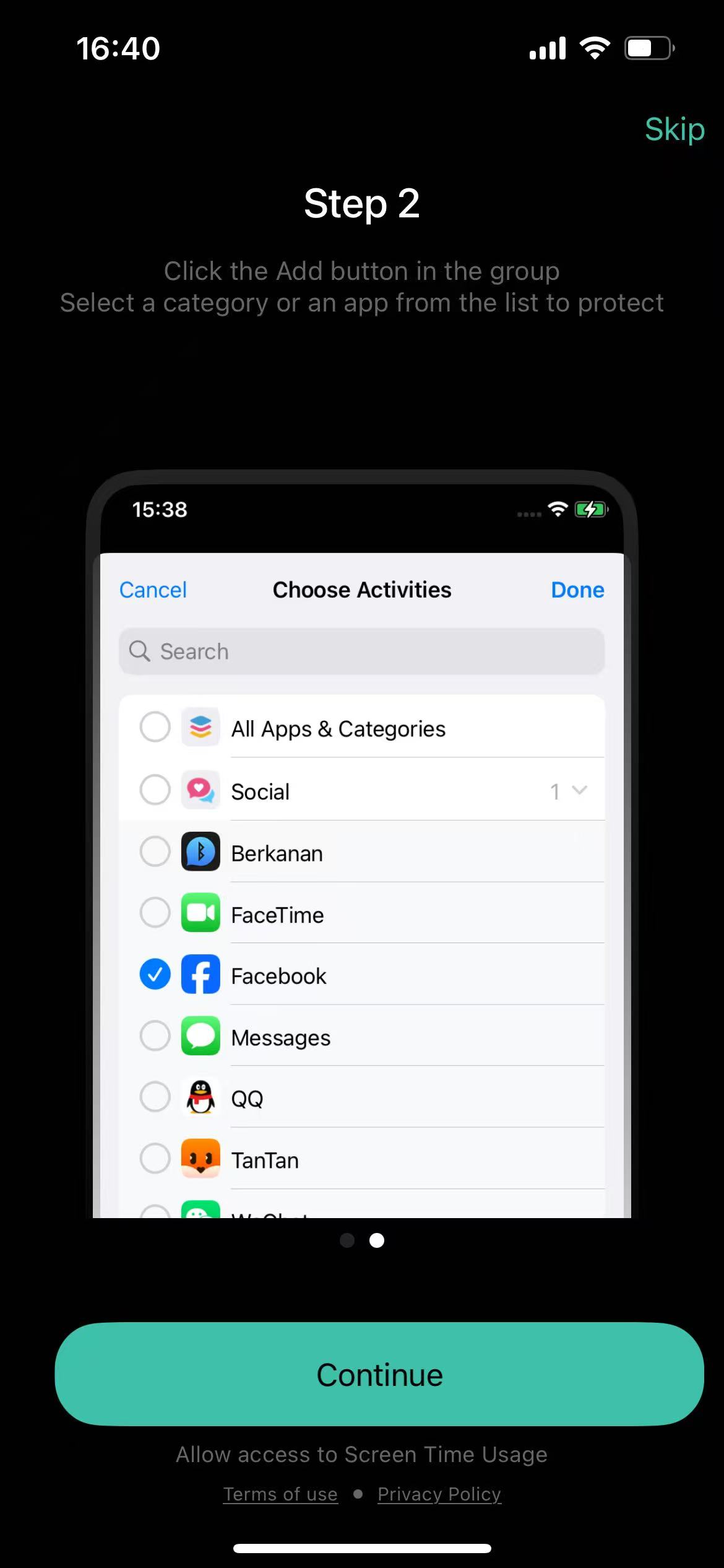 Select category or app to hide