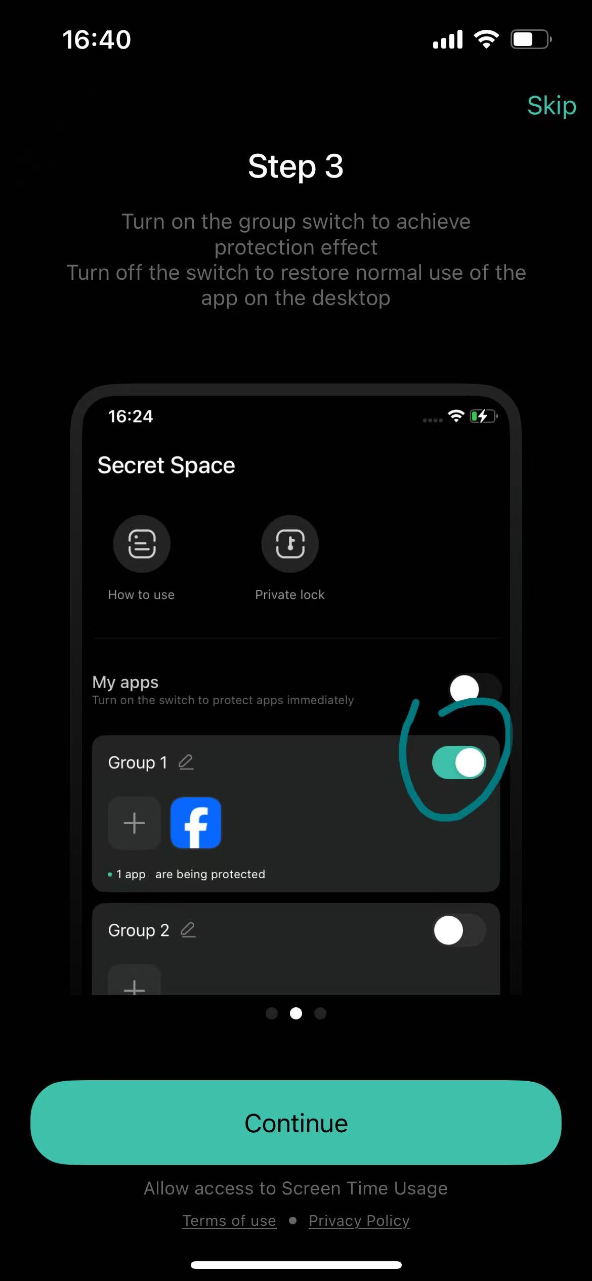 Turn on group switch to hide apps