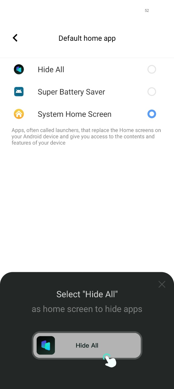 Selecting Hide All as home screen