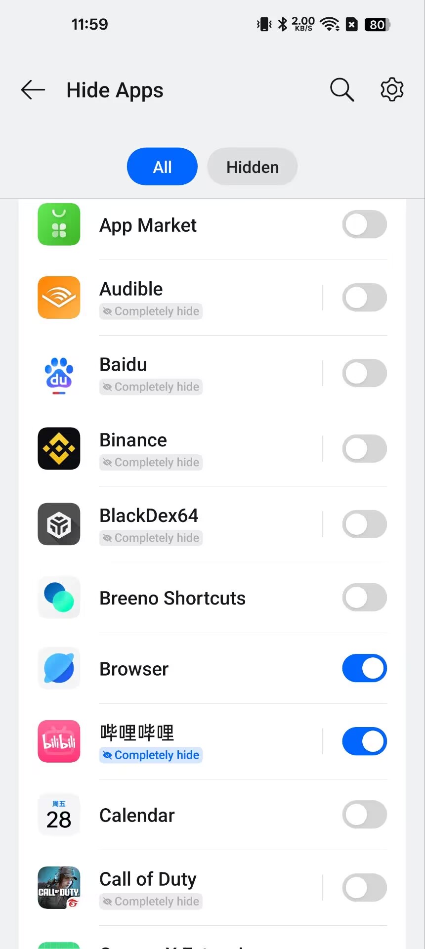 Selecting apps to hide in OnePlus