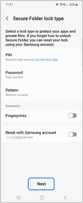 Confirming lock type in Secure Folder