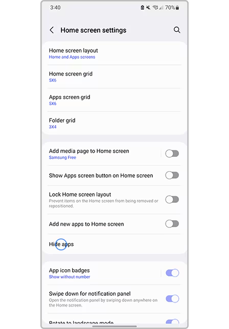 Hide apps option in Samsung Settings