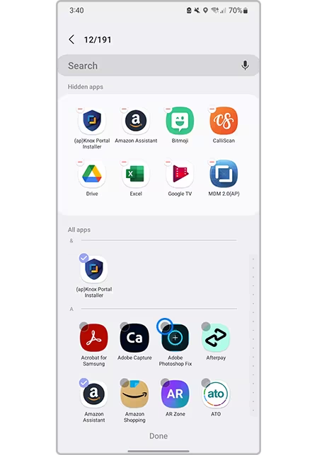 Selecting apps to hide in Samsung