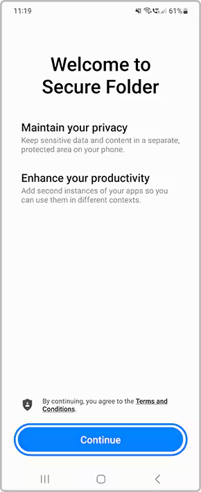 Continue button in Secure Folder setup
