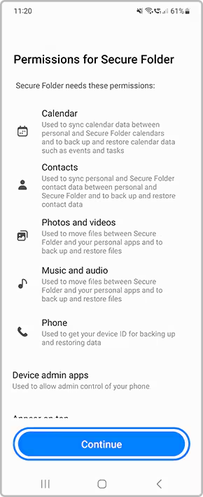 Permissions screen in Secure Folder setup