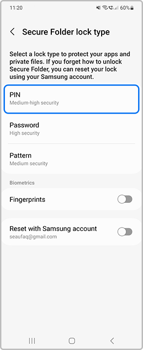 Secure Folder lock type selection
